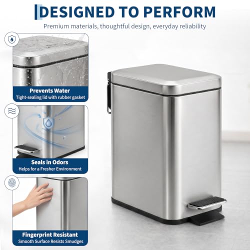 Small Bathroom Trash Can with Lid Soft Close 5L Stainless Steel - Variation: Stainless Steel 1.3 Gallon