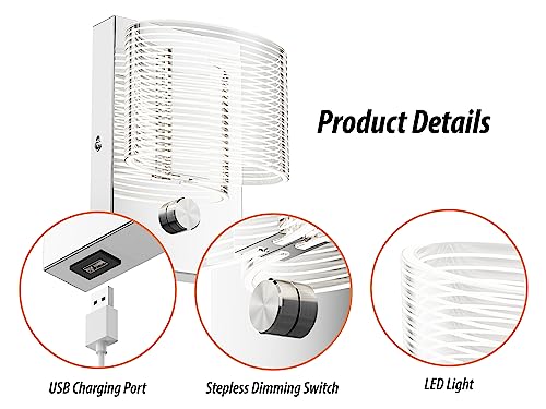 URSOLA Wall Sconce LED Wall Lamp with Dimmer Switch and USB Charging Port Oval Linear Sleek Lampshade 110 Volt Hardwired Wall Light 4000K Sconces Wall Lighting (Chrome)