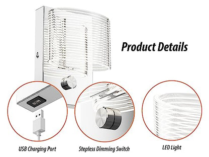 URSOLA Wall Sconce LED Wall Lamp with Dimmer Switch and USB Charging Port Oval Linear Sleek Lampshade 110 Volt Hardwired Wall Light 4000K Sconces Wall Lighting (Chrome)