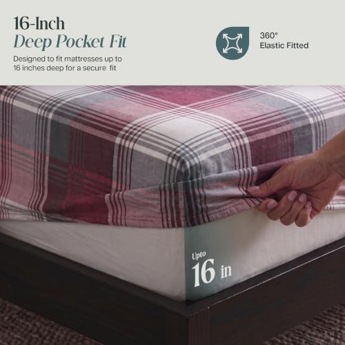 Redplaid Cotton Double Brushed Flannel Sheets Set Queen with 16-Inch Deep Pocket