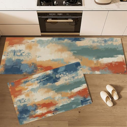 Rust Orange Mottled Washed Color Block Kitchen Rugs Set - Non-Slip, Washable, 2-Piece