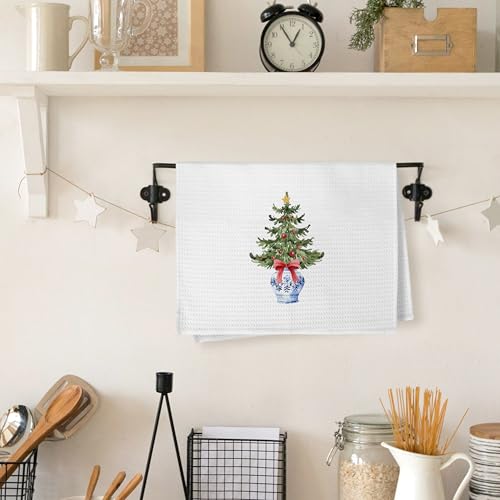 Yorhifa Blue and White Chinoiserie Christmas Tree Kitchen Towels, Red Bow, 16x24 Inches, Variation 8