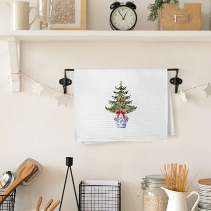 Yorhifa Blue and White Chinoiserie Christmas Tree Kitchen Towels, Red Bow, 16x24 Inches, Variation 8