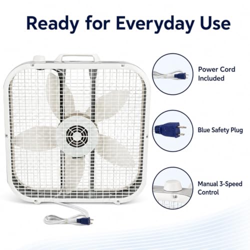 20 Inch Box Fan with 3 Speed Settings, Weather-Resistant Motor for Floor or Window Use