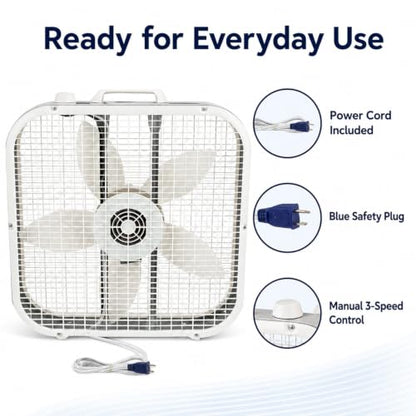 20 Inch Box Fan with 3 Speed Settings, Weather-Resistant Motor for Floor or Window Use