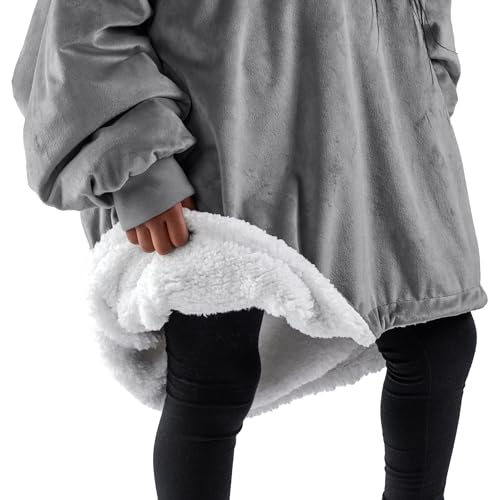 Kids Wearable Blanket Hoodie - Soft Plush Sherpa - Grey - Cozy & Warm