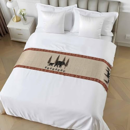 King Size Black Bear Rustic Bed Runner with Cream, Red Variations 102x20 Inches