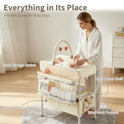 Foldable Baby Changing Table with Storage, Waterproof Top & Portable Design