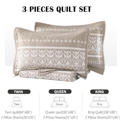 Boho Beige Twin Cotton Quilt Bedding Set 3PCS with Pillow Shams