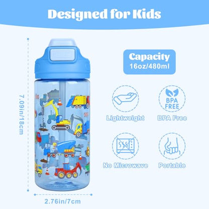 Kids Water Bottle with Straw 16.2oz BPA-Free Tritan Plastic - Blue Car & Green Dinosaur 2 Pack