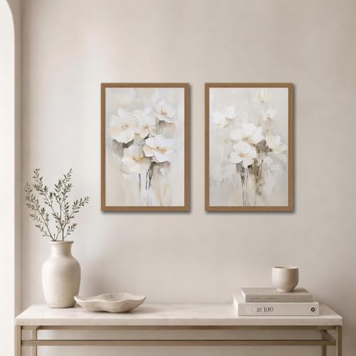 White Beige Floral Wall Art Set of 2 Canvas Prints 12x16in - Neutral Decor