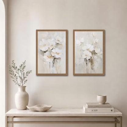 White Beige Floral Wall Art Set of 2 Canvas Prints 12x16in - Neutral Decor