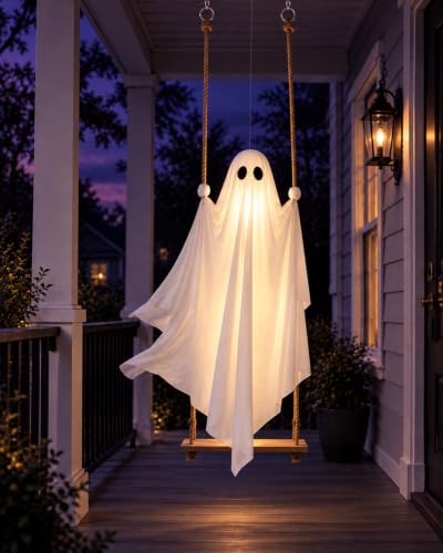 Halloween Outdoor Decorations Large 4.5 FT Hanging Swinging Ghost with Lights & Remote