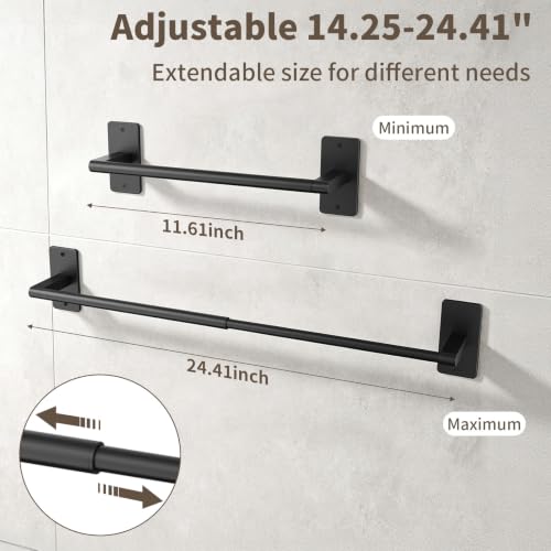 Adjustable Black Towel Bar for Bathroom - Wall-Mount or Adhesive, Rustproof Stainless Steel