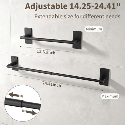 Adjustable Black Towel Bar for Bathroom - Wall-Mount or Adhesive, Rustproof Stainless Steel