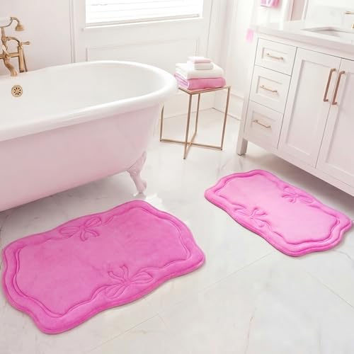 Juicy Couture Quilted Memory Foam Bath Mat Set - Scalloped Ribbon Border Hot Pink, 17x24 & 20x32 Inches