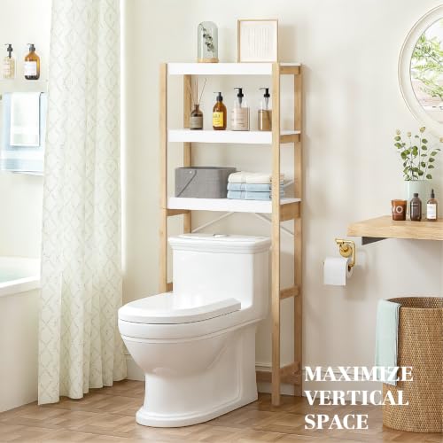 Over Toilet Storage Shelf with Bamboo Frame - 3 Tiers White Bathroom Organizer