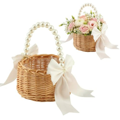 Wicker Flower Girl Basket Set with Pearl Handle & Bow for Wedding Decor