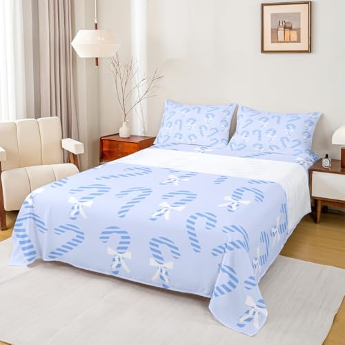 Christmas Bed Sheets Set Full Size - Candy Cane Pattern, Blue & White Variation