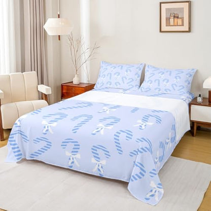 Christmas Bed Sheets Set Full Size - Candy Cane Pattern, Blue & White Variation