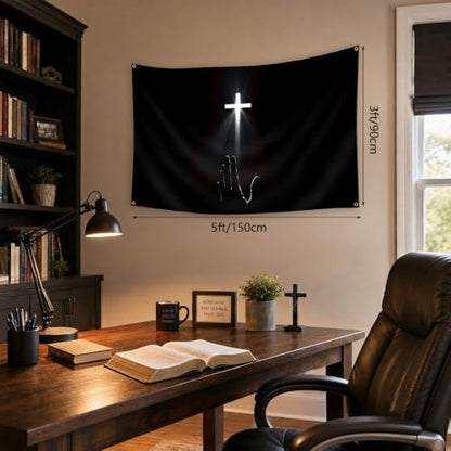 Christian Cross & Praying Hand Tapestry Wall Banner - 3x5 ft Religious Decor