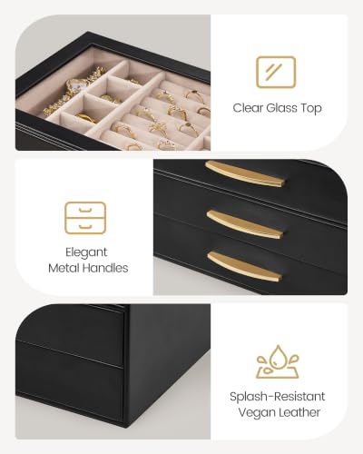 Jewelry Box Organizer Case with Glass Lid - 4-Layer, Black