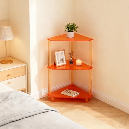 Acrylic Corner Side Table 3-Tier Triangle Shelves - Orange, Space-Saving Design