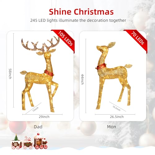 Outdoor Reindeer Family Christmas Decorations Set with 245 LED Lights - Gold