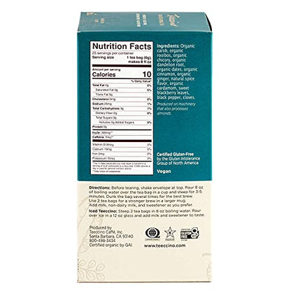 Teeccino Dandelion Red Chai Tea - Caffeine-Free, Roasted Herbal Tea with Prebiotics, 3x More Herbs than Regular Tea Bags, Gluten Free - 25 Tea Bags