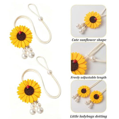 Sunflower Curtain Tiebacks with Ladybug & Pearl - Yellow, Adjustable 2-Pack