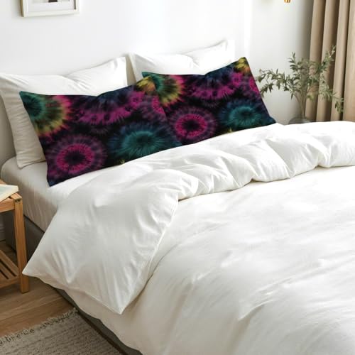Tie Dye Pillow Cases Set of 2 - Black Teal Purple, 20x26 Inch Microfiber