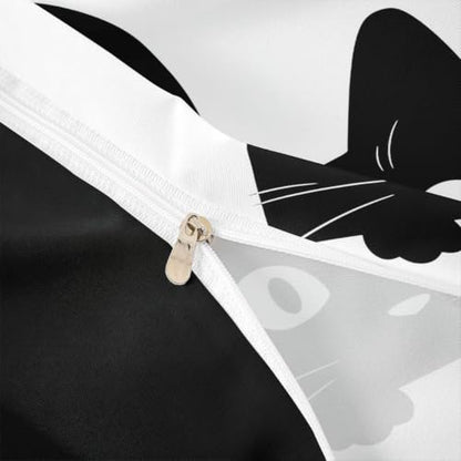 Queen Size Black Cat Comforter Cover Set with Hidden Zipper & Corner Ties