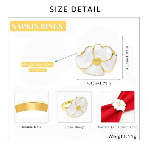 Camellia Flower Napkin Rings Set of 6 - White & Gold Elegant Table Decor