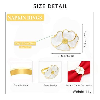 Camellia Flower Napkin Rings Set of 6 - White & Gold Elegant Table Decor