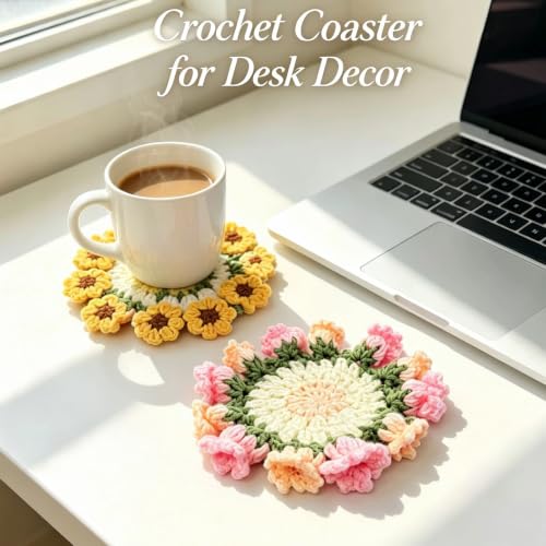 Pink Crochet Flower Coaster Set with Storage Basket - Handmade Home Decor
