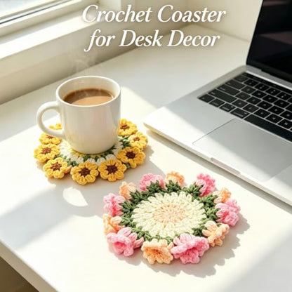 Pink Crochet Flower Coaster Set with Storage Basket - Handmade Home Decor