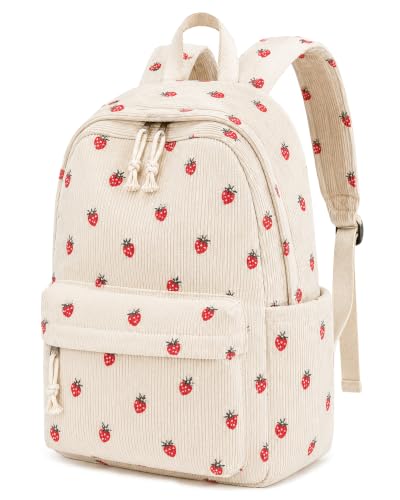 Girls Corduroy Strawberry Backpack for School & Travel - Beige