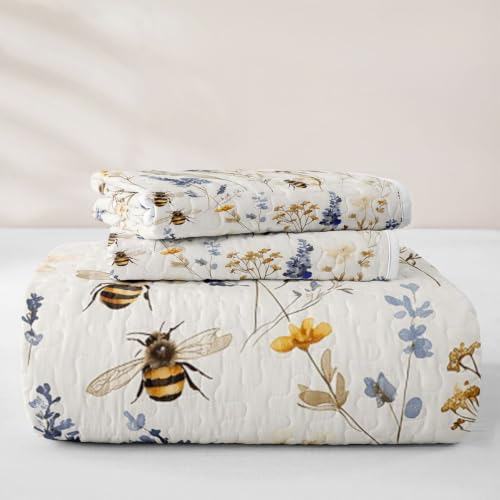 Wild Blue Floral King Quilt Bedding Set - Soft Breathable Polyester