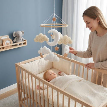 Baby Crib Mobile with Moon Clouds & Wooden Stars - Nordic Style Nursery Decor