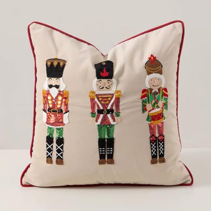 Nutcracker Christmas Pillow Cover - Embroidered Decorative Cushion, Beige, 18x18 Inches - Pack of 1
