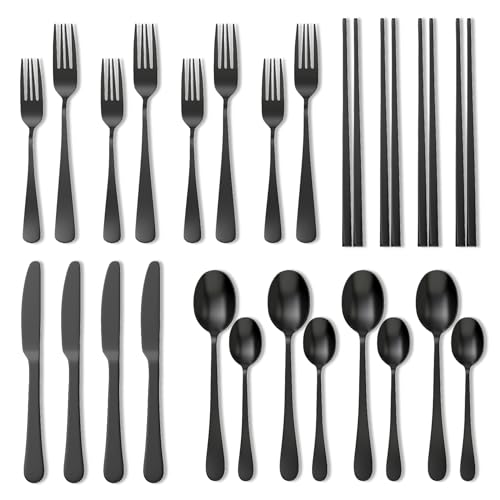 28-Piece Stainless Steel Flatware Set for 4 with Matte Finish - Black and Silverware