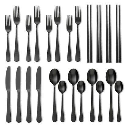 28-Piece Stainless Steel Flatware Set for 4 with Matte Finish - Black and Silverware
