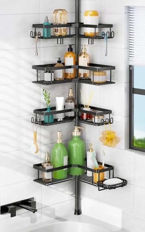 HAMITOR Shower Caddy - 4-Tier Rustproof Bathroom Organizer with Soap Holder & Hooks | Adjustable No-Drill Design - 47-123 Inch Black