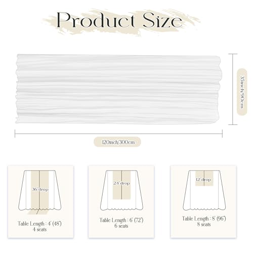 White Cheesecloth Table Runner 35x120 Inches - Gauze Wrinkle Design, 1 Pack - Bohemian Style, Casual Decor