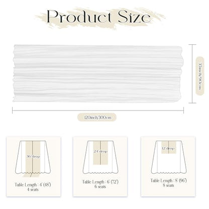 White Cheesecloth Table Runner 35x120 Inches - Gauze Wrinkle Design, 1 Pack - Bohemian Style, Casual Decor