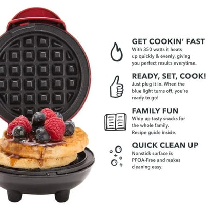 DASH Mini Waffle Maker - 4” Waffle Mold, Nonstick Waffle Iron with Quick Heat-Up, Nonstick Surface - Perfect Mini Waffle Maker for Kids and Families, Just Add Batter (Red)