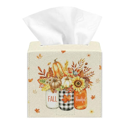 Fall Tissue Box Cover - Autumn Pumpkin & Maple Leaves PU Leather Decor