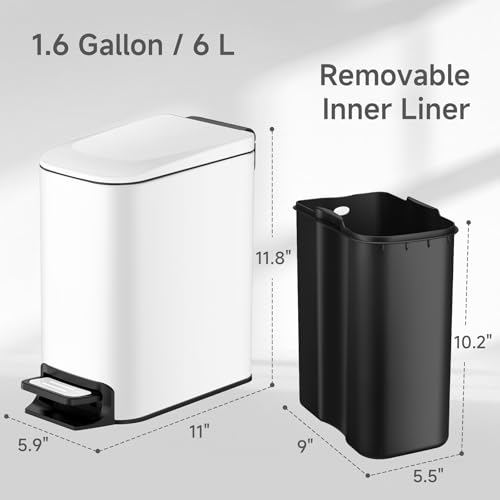 TIPGO Slim Bathroom Trash Can with Lid Soft Close, 6 Liter / 1.6 Gallon Stainless Steel Garbage Can with Removable Inner Bucket, Step Pedal, Small Trash Cans for Bedroom, Office, Kitchen (Black Gold)