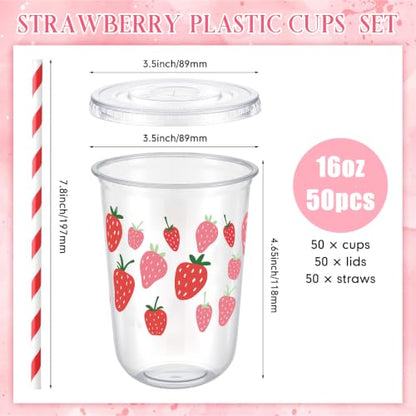 Red Strawberry Party Cups Set of 50 with Lids & Straws - 16oz Disposable Plastic