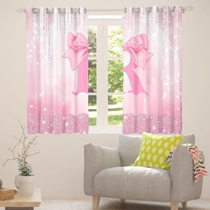 Pink Bowknot Blackout Curtains with Initials - Room Decor, Personalized